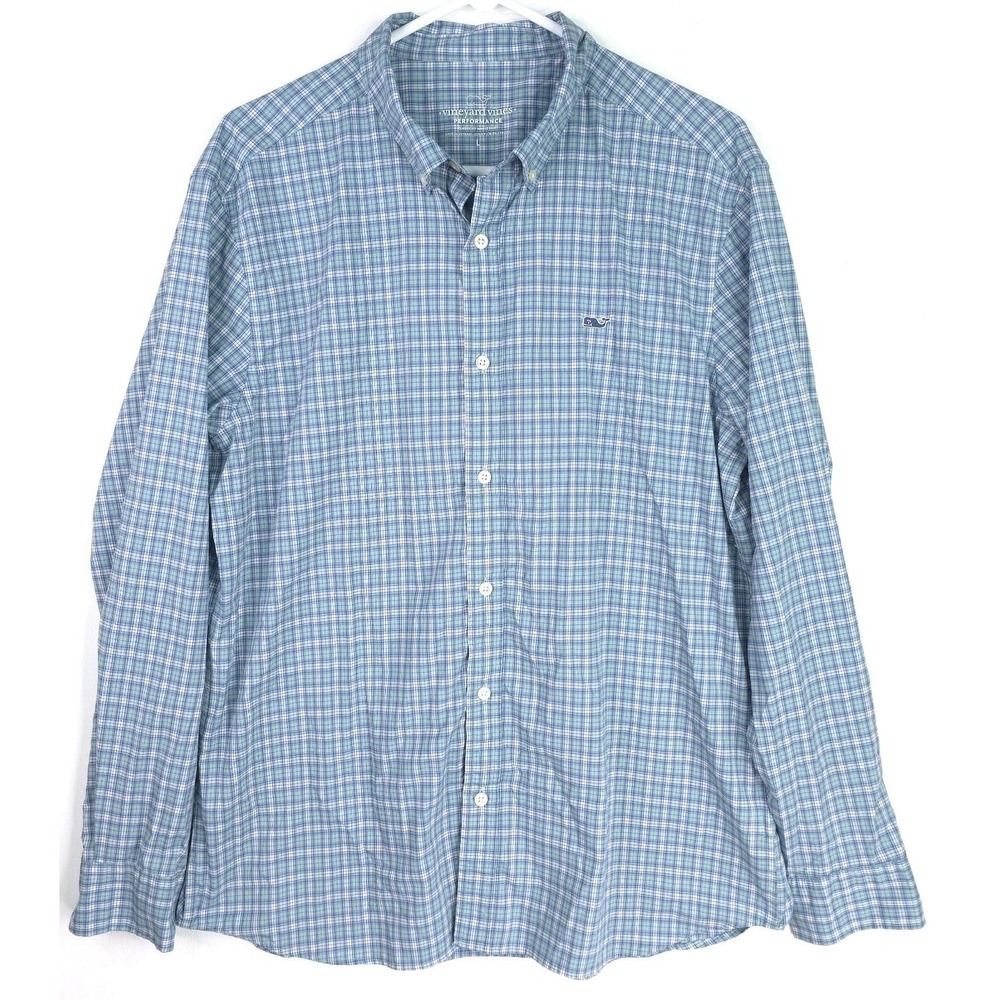 Vineyard Vines Men L‎ Performance Blue/Green Plaid Classic Fit Whale Shirt L/S